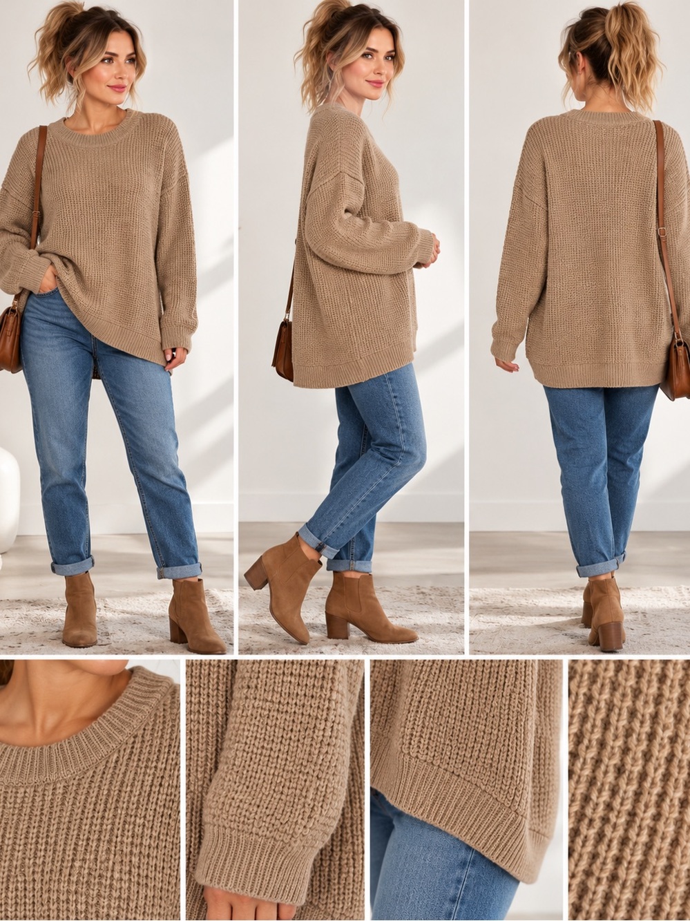 Wilfred Free 100% Merino Wool Oversized Waffle Knit Sweater Camel Large